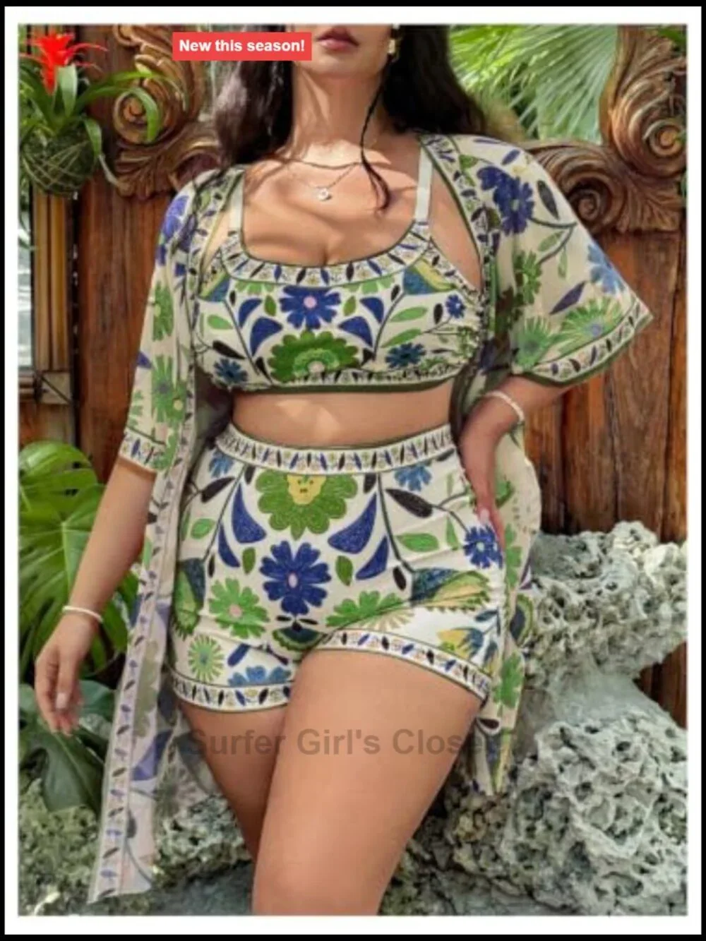 Plus Size 3 Piece Floral Tankini Set with Boy Shorts and Kimono Cover Up